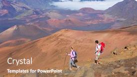  Presentation with mountain view - Slide set enhanced with hikers enjoying walk on amazing mountain trail backpacking in haleakala volcano incredible view couple trekking background and a coral colored foreground