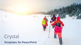  Presentation with backcountry - Presentation design featuring hikers going towards old wood backcountry mountain huts covered with snow travel lifestyle active adventure concept background and a sky blue colored foreground