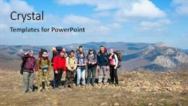  Presentation with couples hiking the mountains - Theme featuring hikers group on a peak background and a light blue colored foreground