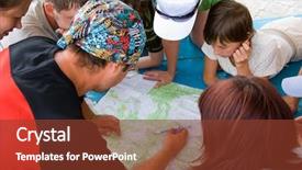  Presentation with planning - Presentation design with hikers group planning path on the map background and a tawny brown colored foreground