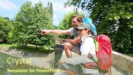  Presentation with roman - Slide deck having hikers looking at river from stone roman bridge background and a tawny brown colored foreground