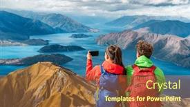  Presentation with mountain top - Theme featuring hikers-looking-at-view background and a tawny brown colored foreground