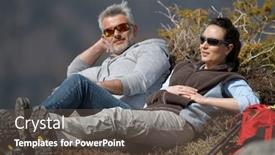  Presentation with journey - Amazing PPT theme having hikers relaxing in the mountains during journey backdrop and a tawny brown colored foreground