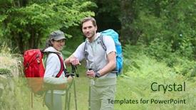  Presentation with backpacks - PPT theme enhanced with hikers standing in forest track with backpacks background and a mint green colored foreground