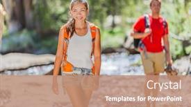  Presentation with forest stream - Colorful slide deck enhanced with hikers-walking-in-forest-crossing backdrop and a coral colored foreground