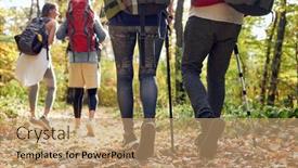  Presentation with autumn leaves - PPT layouts having hikers-walking-through-fallen-leaves background and a coral colored foreground