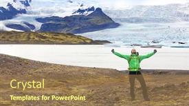  Presentation with iceland - Colorful slide deck enhanced with hiking adventure travel man cheering happy on hike on iceland hiker cheerful at glacier and glacial lagoon lake of fjallsarlon vatna glacier vatnajokull national park icelandic nature landscape backdrop and a coral colored foreground