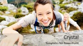  Presentation with healthy lifestyle - Amazing slide deck having climbers girls - happy carefree hiking backpacker climbs backdrop and a mint green colored foreground