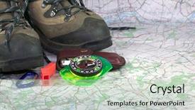  Presentation with compass map - Presentation theme featuring hiking boots compass and accessories on a map background background and a soft green colored foreground