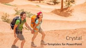  Presentation with walking trail - Colorful slide set enhanced with hiking-couple-hikers-walking backdrop and a coral colored foreground