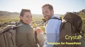  Presentation with mountain hiking - Amazing PPT layouts having hiking couple sitting on mountain terrain smiling at camera on a sunny day backdrop and a tawny brown colored foreground