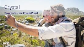  Presentation with mountain hiking - PPT layouts featuring hiking couple standing on mountain terrain taking a selfie on a sunny day background and a sky blue colored foreground