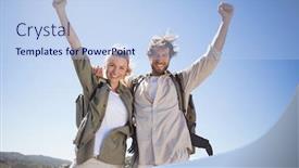  Presentation with hiking mountain - PPT theme featuring hiking couple standing on mountain terrain smiling at camera on a sunny day background and a light blue colored foreground