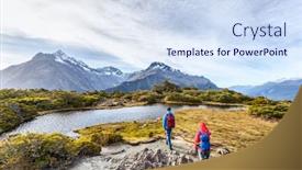 Presentation with new zealand - Amazing PPT theme having hiking-couple-walking-on-adventure backdrop and a sky blue colored foreground