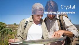  Presentation with terrain map - Audience pleasing PPT theme consisting of hiking couple walking on mountain terrain looking at map on a sunny day backdrop and a teal colored foreground