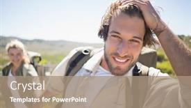  Presentation with hiking mountain - Presentation having hiking couple walking on mountain terrain smiling at camera on a sunny day background and a coral colored foreground
