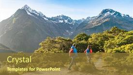  Presentation with walking trail - Slide deck enhanced with hiking-couple-walking-on-trail background and a tawny brown colored foreground