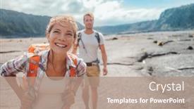  Presentation with walking trail - Colorful slide set enhanced with hiking-couple-walking-with-backpacks backdrop and a coral colored foreground