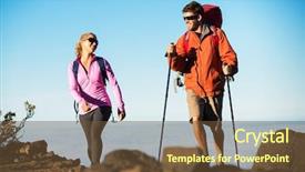  Presentation with backpacks - Audience pleasing presentation theme consisting of hiking in the mountains happy backdrop and a tawny brown colored foreground