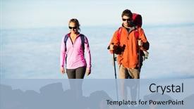  Presentation with backpacks - Beautiful presentation theme featuring hiking in the mountains happy backdrop and a light blue colored foreground