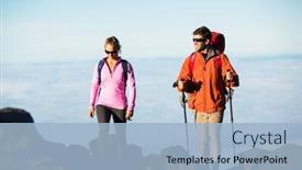  Presentation with backpacks - Colorful presentation theme enhanced with hiking in the mountains happy athletic couple with backpacks enjoying hike outdoors on beautiful mountain trail backdrop and a light blue colored foreground