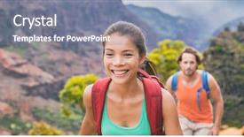  Presentation with hiking mountain - Audience pleasing presentation theme consisting of hiking man and woman hiker backdrop and a gray colored foreground