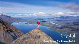  Presentation with north america - Presentation featuring hiking-man-in-canadian-mountains background and a ocean colored foreground