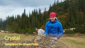  Presentation with campfire - Amazing slide set having hiking man prepare tasty sausages on campfire in mountains backdrop and a coral colored foreground