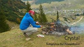  Presentation with campfire - Colorful PPT theme enhanced with prepare tasty sausages on campfire backdrop and a tawny brown colored foreground