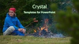  Presentation with campfire - Cool new slide deck with hiking man prepare tasty sausages on campfire in mountains backdrop and a tawny brown colored foreground