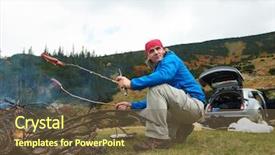  Presentation with campfire - PPT theme consisting of prepare tasty sausages on campfire background and a tawny brown colored foreground