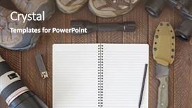  Presentation with binocular - Amazing slide deck having hiking shoes flashlight knife tele backdrop and a tawny brown colored foreground