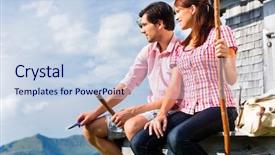  Presentation with hiking mountain - Beautiful slide set featuring hiking - young couple sitting at mountain hut in the bavarian alps and enjoys the panorama in the leisure time or in vacation backdrop and a sky blue colored foreground