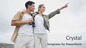  Presentation with hiking mountain - Cool new presentation design with hiking young couple with binoculars standing on mountain terrain backdrop and a light gray colored foreground