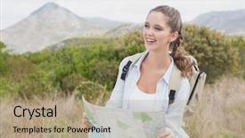 Presentation with terrain map - Slide deck with hiking young woman holding map background and a  colored foreground