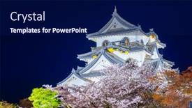  Presentation with japan castle - Amazing slide set having hikone-castle-during-the-spring backdrop and a navy blue colored foreground