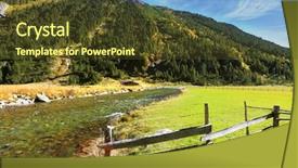  Presentation with forest stream - PPT theme with hillsides picturesque alpine valley covered with thick coniferous forest quick stream of clear water flowing in the middle of the canyon background and a tawny brown colored foreground