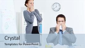  Presentation with sneezing - Audience pleasing PPT layouts consisting of him with fright in office backdrop and a light blue colored foreground