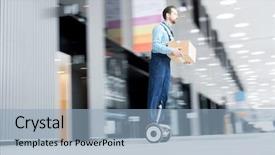  Presentation with gyroscope - PPT theme with gyroscooter - young worker in overalls holding background and a light blue colored foreground