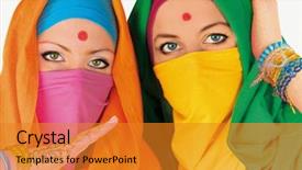  Presentation with muslim women - Amazing PPT theme having hindu muslim - portrait of two indian women backdrop and a gold colored foreground