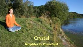  Presentation with lady - Audience pleasing presentation consisting of hindu om - lady meditating at lake backdrop and a tawny brown colored foreground