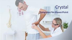  Presentation with exercise doctor - Slide set with corrective exercise - doctor examining her patient back background and a sky blue colored foreground