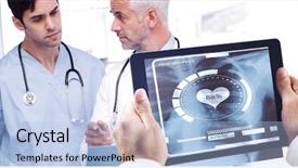  Presentation with tablet - Colorful presentation design enhanced with medical tech - man using tablet pc backdrop and a light blue colored foreground