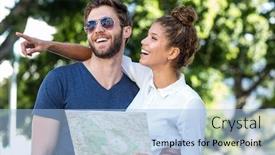  Presentation with hip - Colorful presentation design enhanced with hip couple checking map and pointing somewhere in the city backdrop and a light blue colored foreground