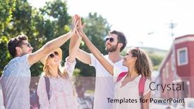  Presentation with hip - Theme enhanced with hip friends doing high-five in the city background and a coral colored foreground
