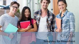  Presentation with hip - Audience pleasing slides consisting of hip friends holding notebooks and looking at the camera on the street backdrop and a teal colored foreground