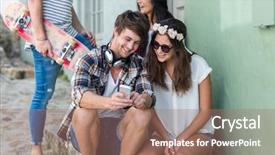  Presentation with hip - Colorful PPT layouts enhanced with hip friends looking at smartphone and sitting on steps in the city backdrop and a coral colored foreground
