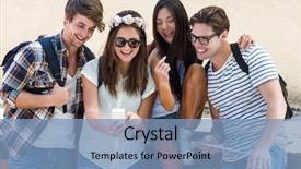  Presentation with hip - Theme enhanced with hip friends looking at smartphone leaning against wall background and a teal colored foreground