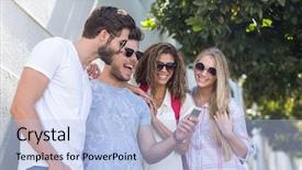  Presentation with hip - Presentation theme featuring hip friends looking at smartphone leaning against wall background and a light blue colored foreground