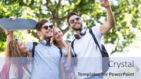  Presentation with hip - Beautiful PPT layouts featuring hip friends taking selfie outdoors backdrop and a light blue colored foreground